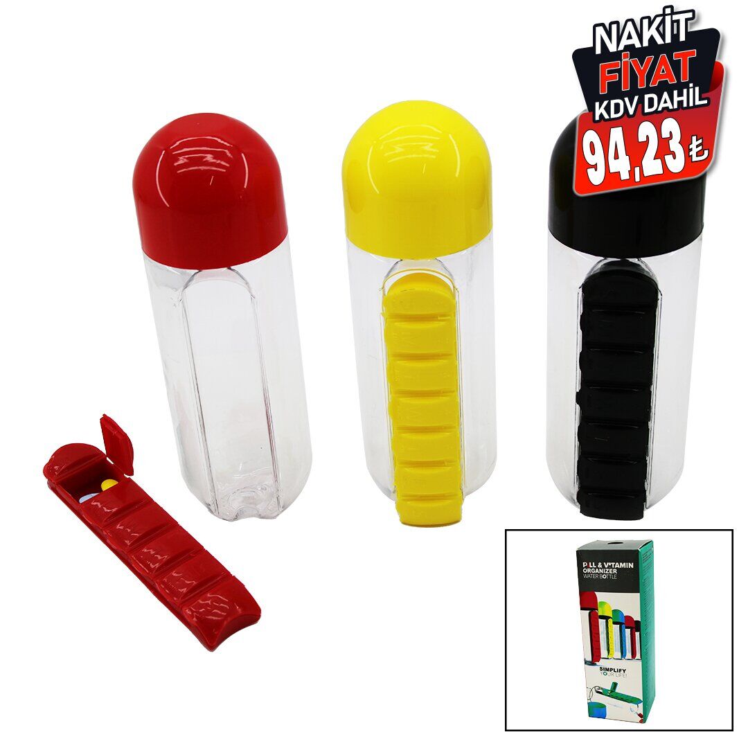 PILL & VITAMIN ORGANIZER-830-730 ( İLAÇ KUTULU ) PLASTİK SULUK MATARA ( RENKLİ BARDAK KAPAKLI ) 600ML*60