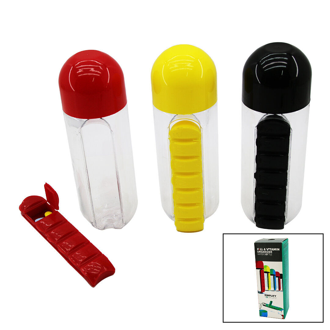 BAYSA PILL & VITAMIN ORGANIZER-830-730 ( İLAÇ KUTULU ) PLASTİK SULUK MATARA ( RENKLİ BARDAK KAPAKLI ) 600ML*60