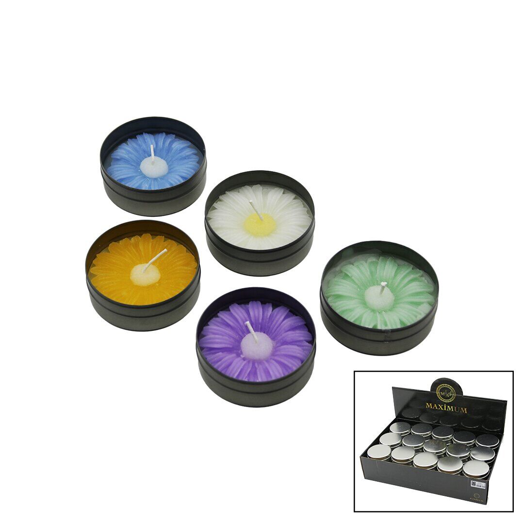 MAXİMUM MAX-5349 ( TENEKE KUTU=GÜMÜŞ ) ( PAPATYA MODELİ ) ( RENKLİ & KOKULU ) MUM*45X8