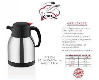 COOKER CKR-2004 ( 1.5LT ) (304 ÇELİK) TERMOS (INOX SERİSİ) (12 SAAT SICAK & 24 SAAT SOĞUK) (ÇİFT CONTALI KAPAK)*12