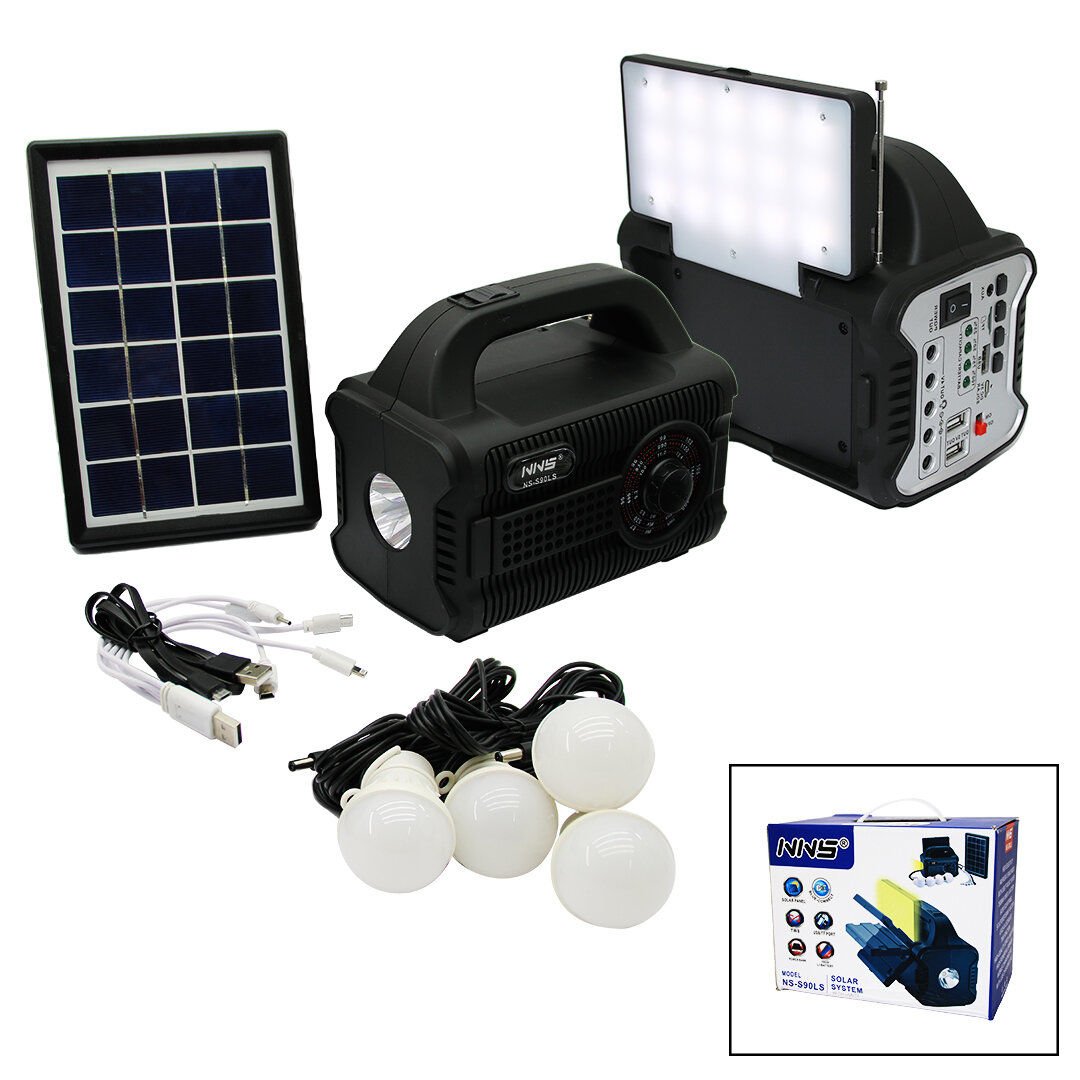 NNS NS-S90LS (3IN1&SOLAR) (2İN1 SABİT+OYNAR BAŞLI EL FENERİ) & RADYO & MP3) BLUETOOTH & USB/ TF PORT& 4PCS AMPUL KABLOLU & POWERBANK*12