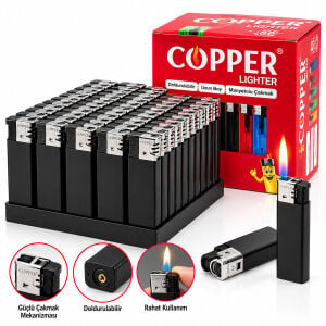 COPPER LIGHTER CM-200 ( SİYAH ) ( DOLDURULABİLİR & UZUN BOY ) MANYETÖLLÜ CEP ÇAKMAK*50X20