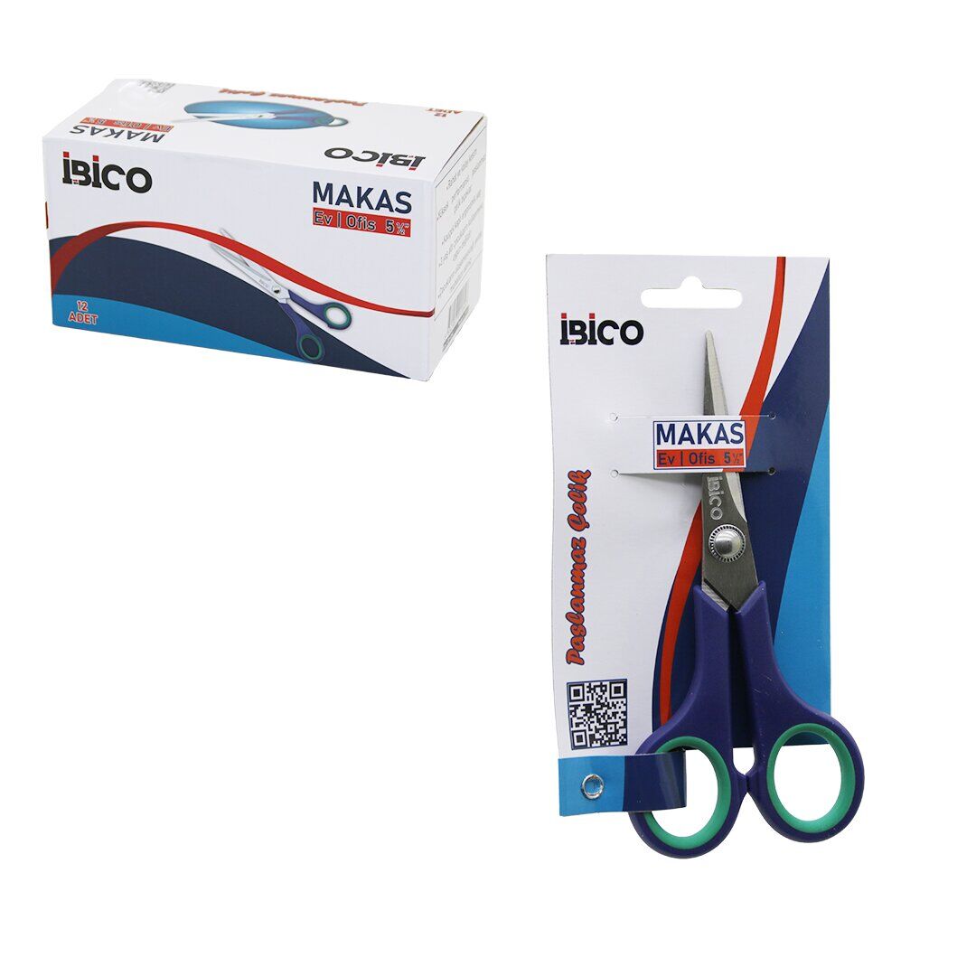 İBİCO İ20-014 İ120-014 ( 5 ½'' & 14CM ) ( KÜÇÜK ) EV & OFİS MAKAS ( PASLANMAZ ÇELİK ) ( YEŞİL & LACİVERT KAUÇUK KAPLI ERGONOMİK SAP )*12X30