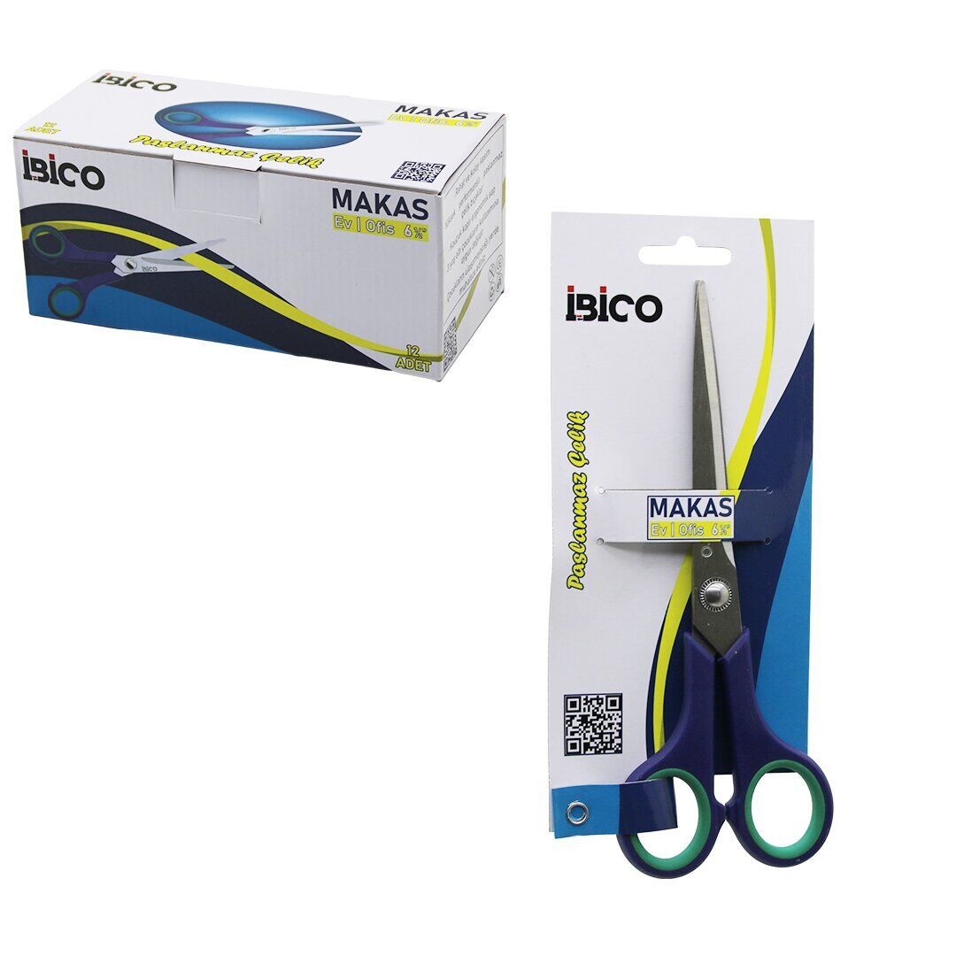 İBİCO İ20-015 İ120-015 ( 6 ½'' & 17.5CM ) ( ORTA ) EV & OFİS MAKAS ( PASLANMAZ ÇELİK ) ( YEŞİL & LACİVERT KAUÇUK KAPLI ERGONOMİK SAP )*12X30