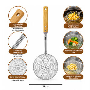 İBİCO İ22-289 ( 13-14CM ) ( BAMBU AHŞAP SAPLI ) ( ÇELİK METAL ) ( DERİN ) KEVGİR ( SAP: 26CM )*12X10