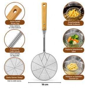 İBİCO İ22-290 ( 15-16CM ) ( BAMBU AHŞAP SAPLI ) ( ÇELİK METAL ) ( DERİN ) KEVGİR ( SAP: 26CM )*12X10