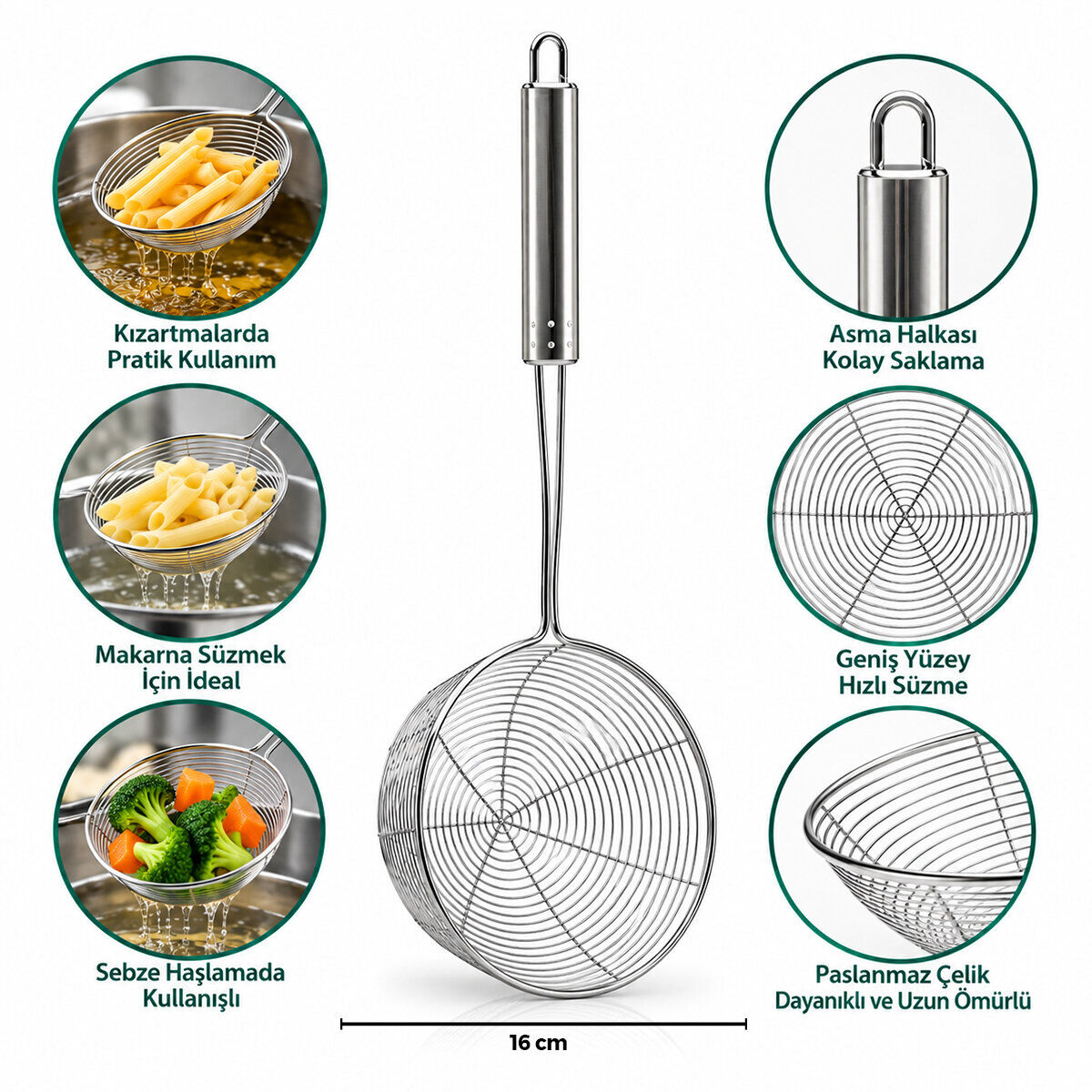 İBİCO İ22-291 ( 16CM ) ( METAL SAPLI ) ( ÇELİK METAL ) ( SEPET ) KEVGİR ( SAP: 26CM )*12X10