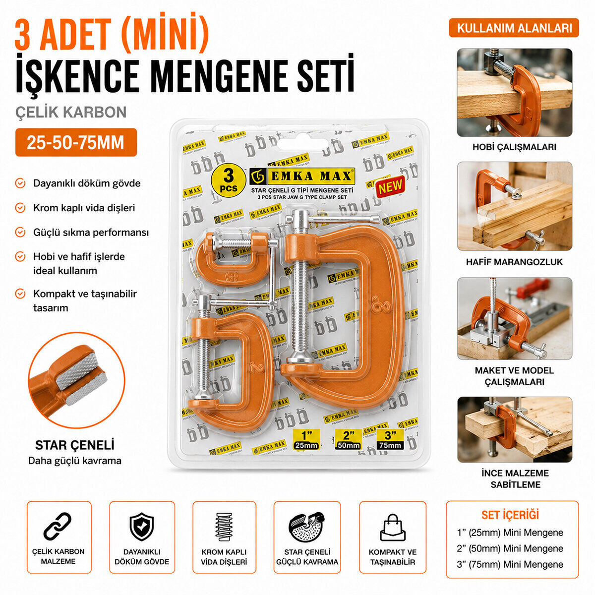 EMKA-5492 ( 3PCS ) ( MİNİ ) İŞKENCE MENGENE SETİ ( ÇELİK KARBON ) ( 25-50-75MM )*72