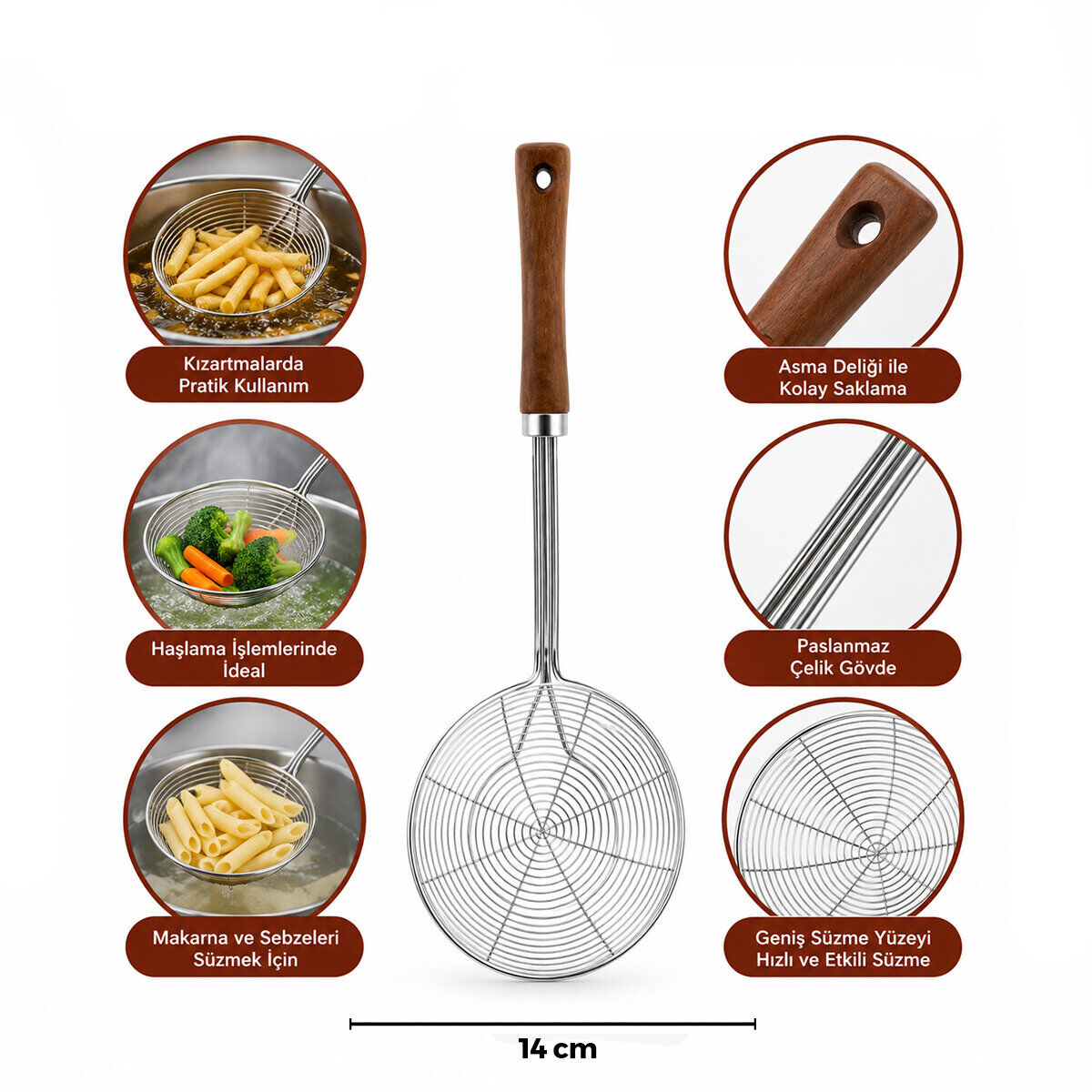 İBİCO İ22-297 ( 14CM ) ( AKASYA AHŞAP SAPLI ) ( ÇELİK METAL ) ( DERİN ) KEVGİR ( SAP: 27CM )*12X10