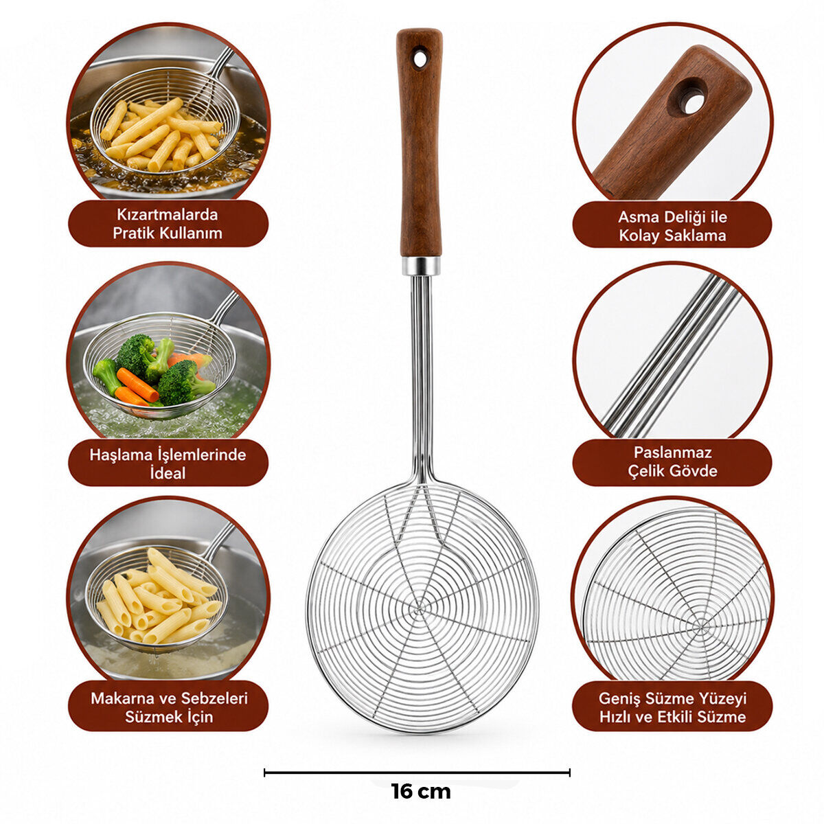 İBİCO İ22-298 ( 16CM ) ( AKASYA AHŞAP SAPLI ) ( ÇELİK METAL ) ( DERİN ) KEVGİR ( SAP: 27CM )*12X10