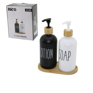 İBİCO İ21-040 (2Lİ SET) (CAM) SIVI SABUNLUK & LOSYONLUK (2X500ML) (BOYALI CAM=SİYAH-BEYAZ ) (AHŞAP BAMBU ALTLIK & KAPAK)*24