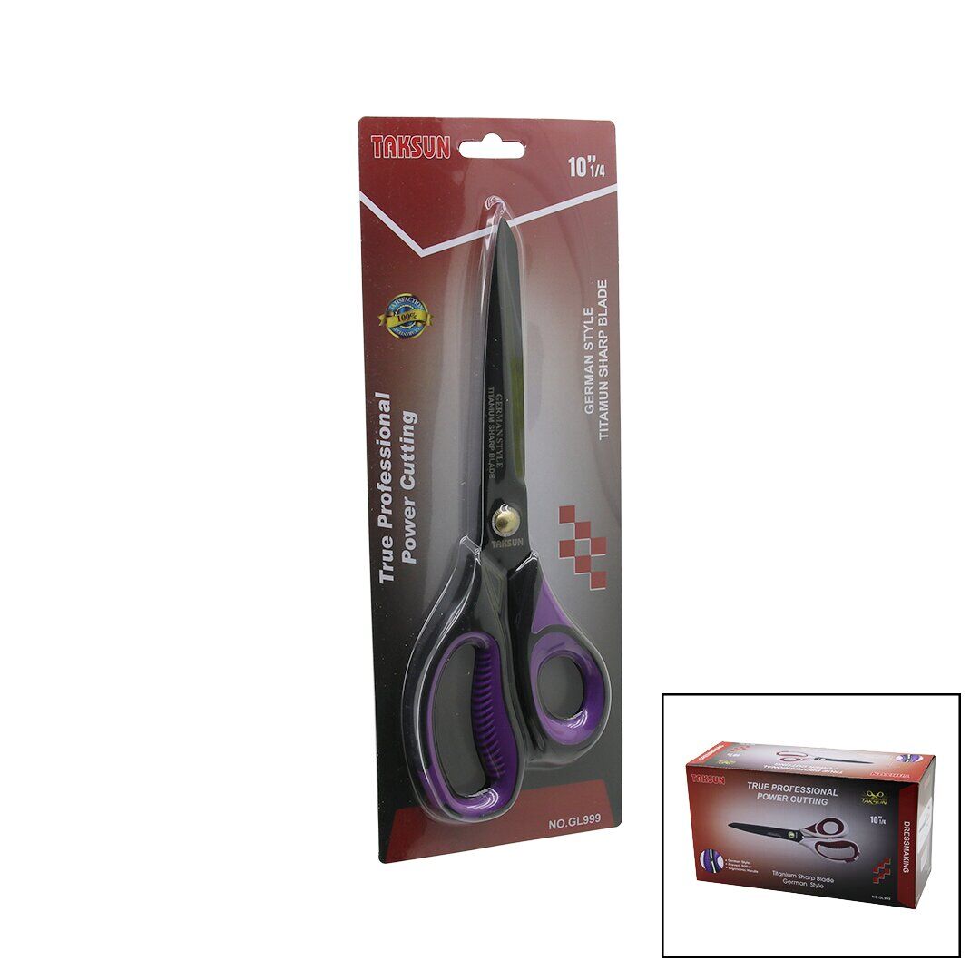 TAKSUN TRUE PROFESSIONAL GL-999 (10''¼) TERZİ MAKASI (GERMANY=ALMAN SİTİL) (RENKLİ PLS.& SİLİKON ERGONOMİK SAP) (BAKIR PİM)*12X10