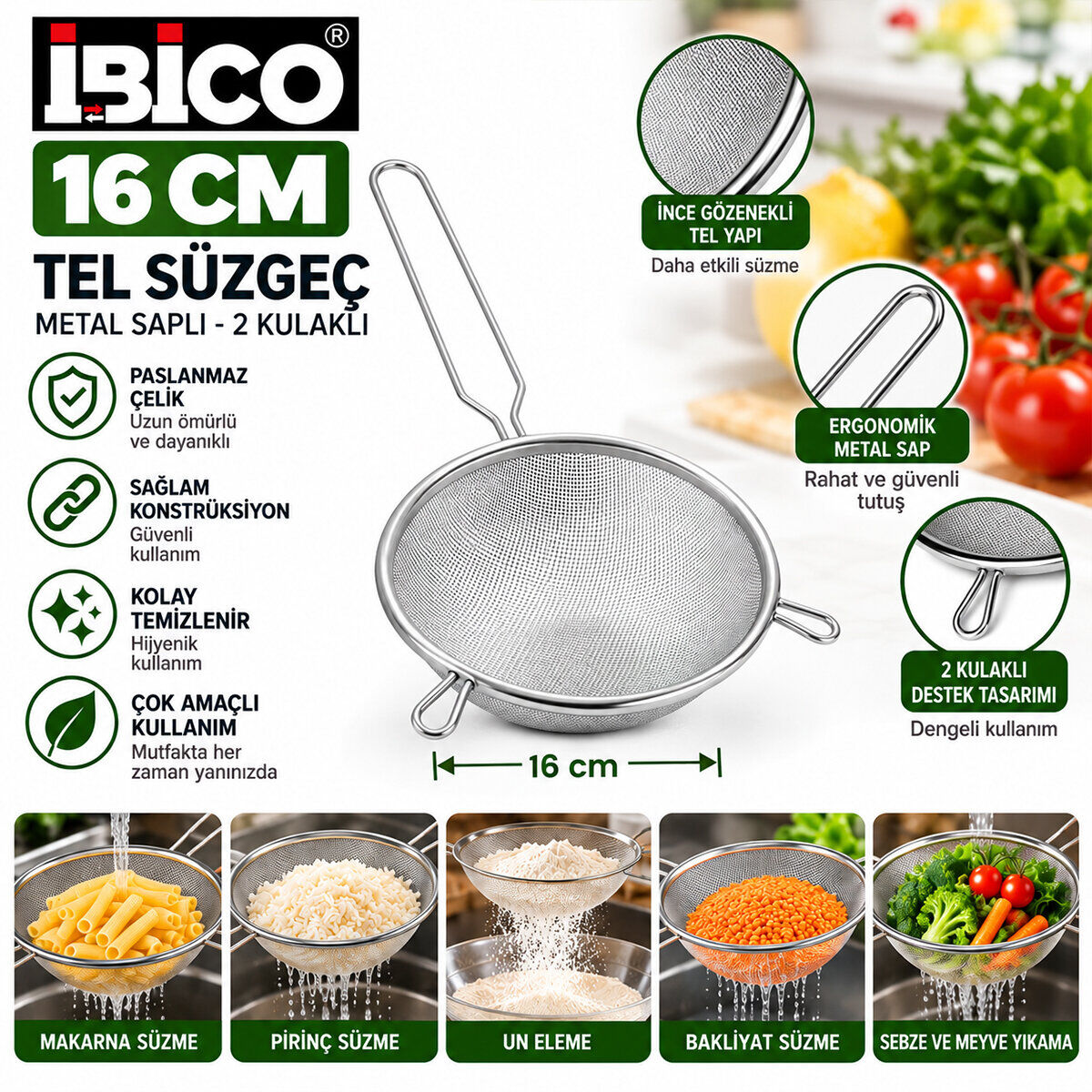 İBİCO İ22-300 ( 16CM ) ( METAL SAPLI ) ( 2 KULAKLI ) TEL SÜZGEÇ ( SAP: 15CM )*12X20