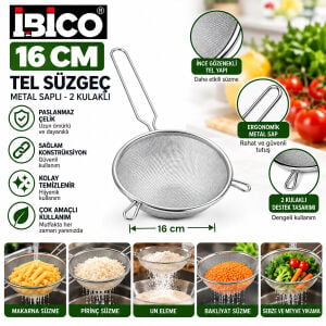 İBİCO İ22-300 ( 16CM ) ( METAL SAPLI ) ( 2 KULAKLI ) TEL SÜZGEÇ ( SAP: 15CM )*12X20