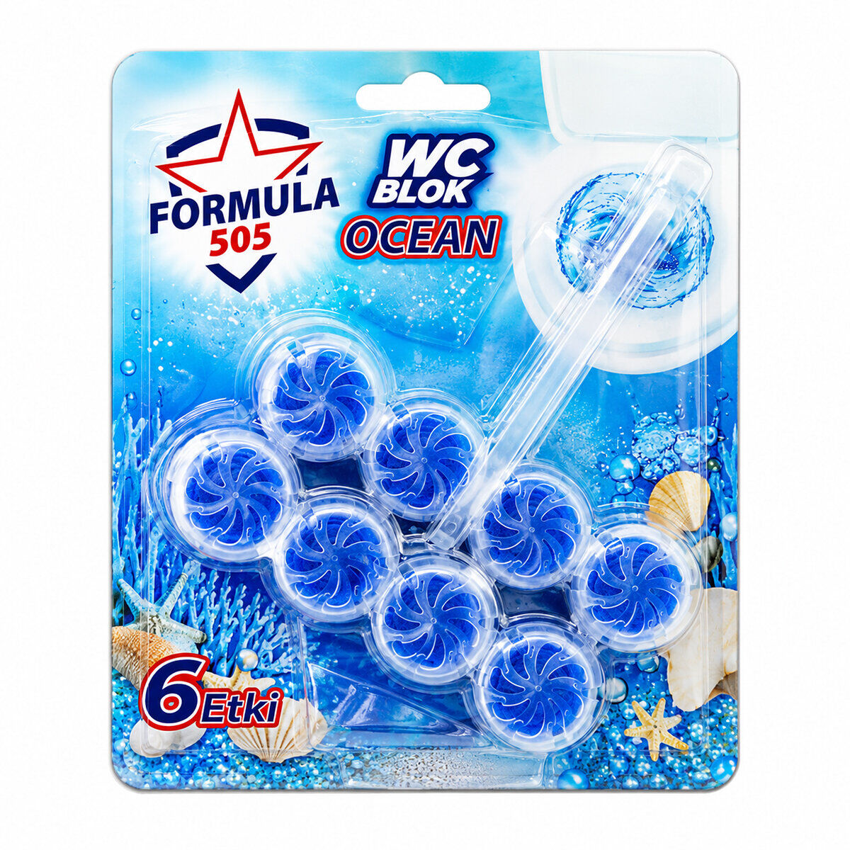 FORMULA 505 (OCEAN) (4LÜ X 2PCS) (WC BLOK) (6ETKİ=KİREÇ ÖNLEYİCİ& HOŞ KOKU& KİR GİDER& KÖPÜK& PARLAKLIK) (4 HAFTA) (100GR)*12=K