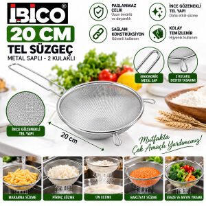 İBİCO İ22-301 ( 20CM ) ( METAL SAPLI ) ( 2 KULAKLI ) TEL SÜZGEÇ ( SAP: 15.5CM )*12X20