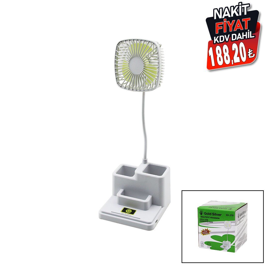 GOLD SİLVER GS-270 (KALEMLİKLİ) M.ÜSTÜ VANTİLATÖR (USB ŞARJLI) (FAN:8.9CM& AKROBAT AYAK=23CM+KALEMLİK:36.5CM)(TELEFONLUK)*60