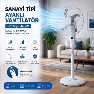 ( SP-53 ) SAHİP ( KUMANDALI ) (18'' İNC) (45 CM) (SANAYİ TİPİ) AYAKLI VANTİLATÖR (5-METAL PERVANE) (3-KADEME HIZ) (65W) (Y:137CM) FAN*1