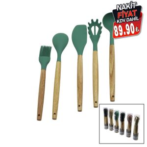 PABLITO PBT-513 (5PCS) (24.5-30CM) (R.SİLİKON) MUTFAK SERVİS SETİ (AHŞAP BAMBU SAP)(KAŞIK & KEPÇE & SPATULA & Y.FIRÇASI & S.KAŞIK)*24X2                     qwe3