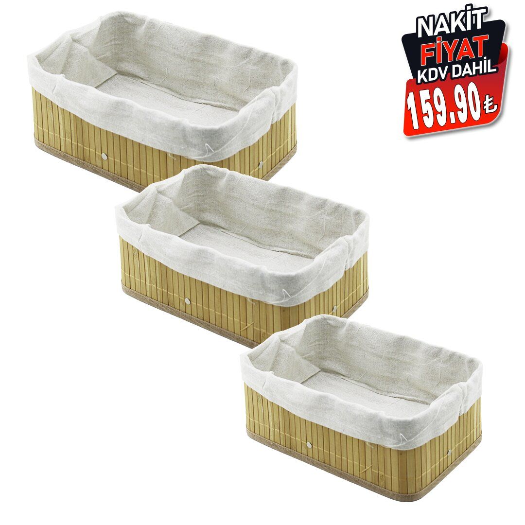 PABLITO HOME PBT-595 (3 BOY) (D.GEN) (BAMBU KENAR) ORGANİZER SEPET (AHŞAP ALTLIK & BEZLİ) (30X20X11.5 -25X16X9.7 -21X12X7.7CM)*20=K                     qwe4