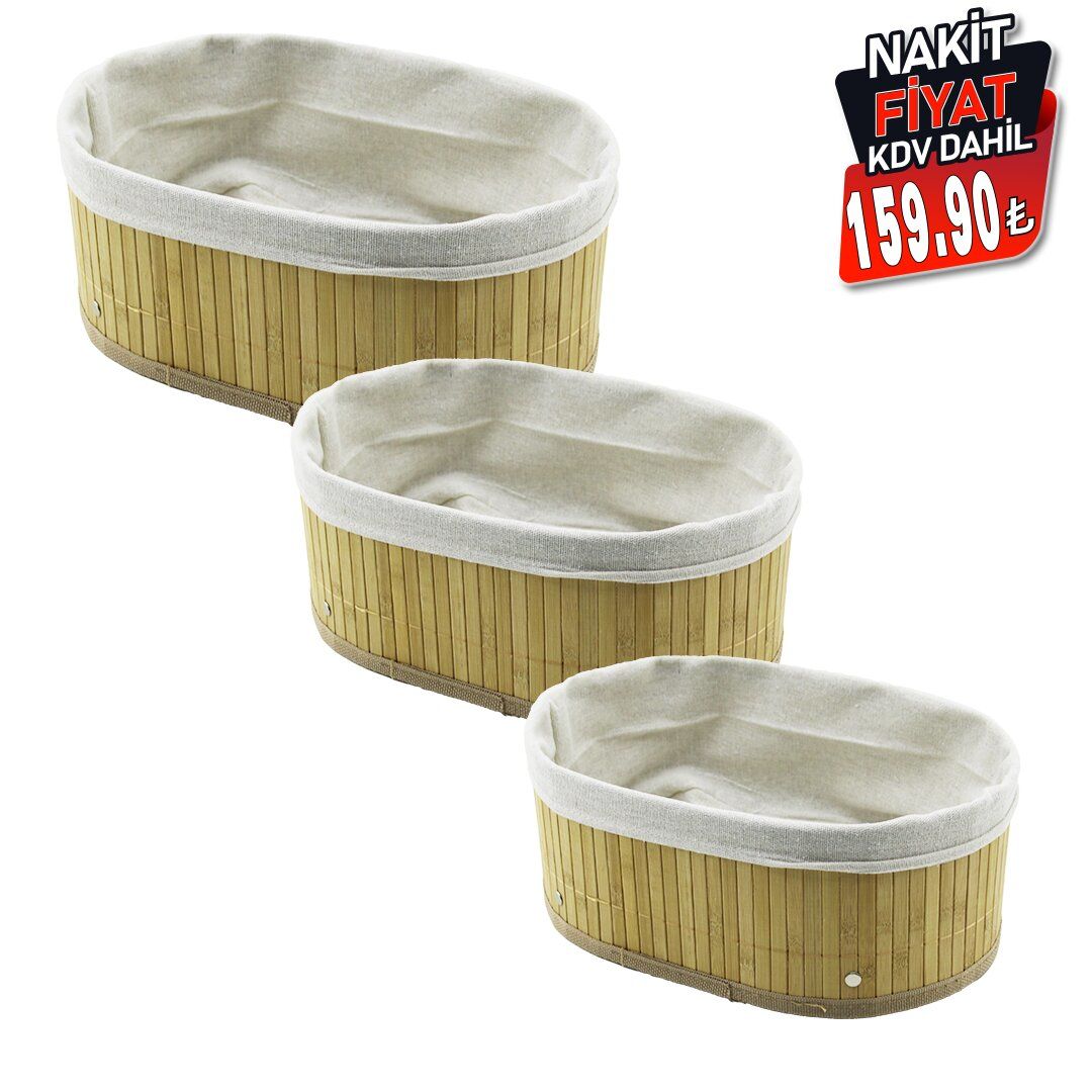 PABLITO HOME PBT-597 (3 BOY) (OVAL) (BAMBU KENAR) ORGANİZER SEPET (AHŞAP ALTLIK & BEZLİ) (30X20X11.5-25X16X9.7-21X12X7.7CM)*20=K                     qwe4