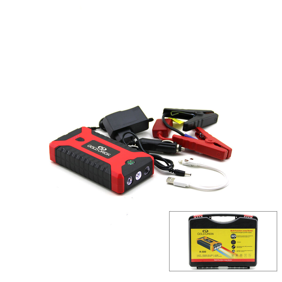 GOLD ORION R-500 ÇOK FONKSİYONLU ATO & ARAÇ TAKVİYE SET TAŞINABİLİR ( 4 USB ÇIKIŞLI ) ( POWERBANK ÖZELLİK & FENER & COB & PUSULA ) 98000mAH*10
