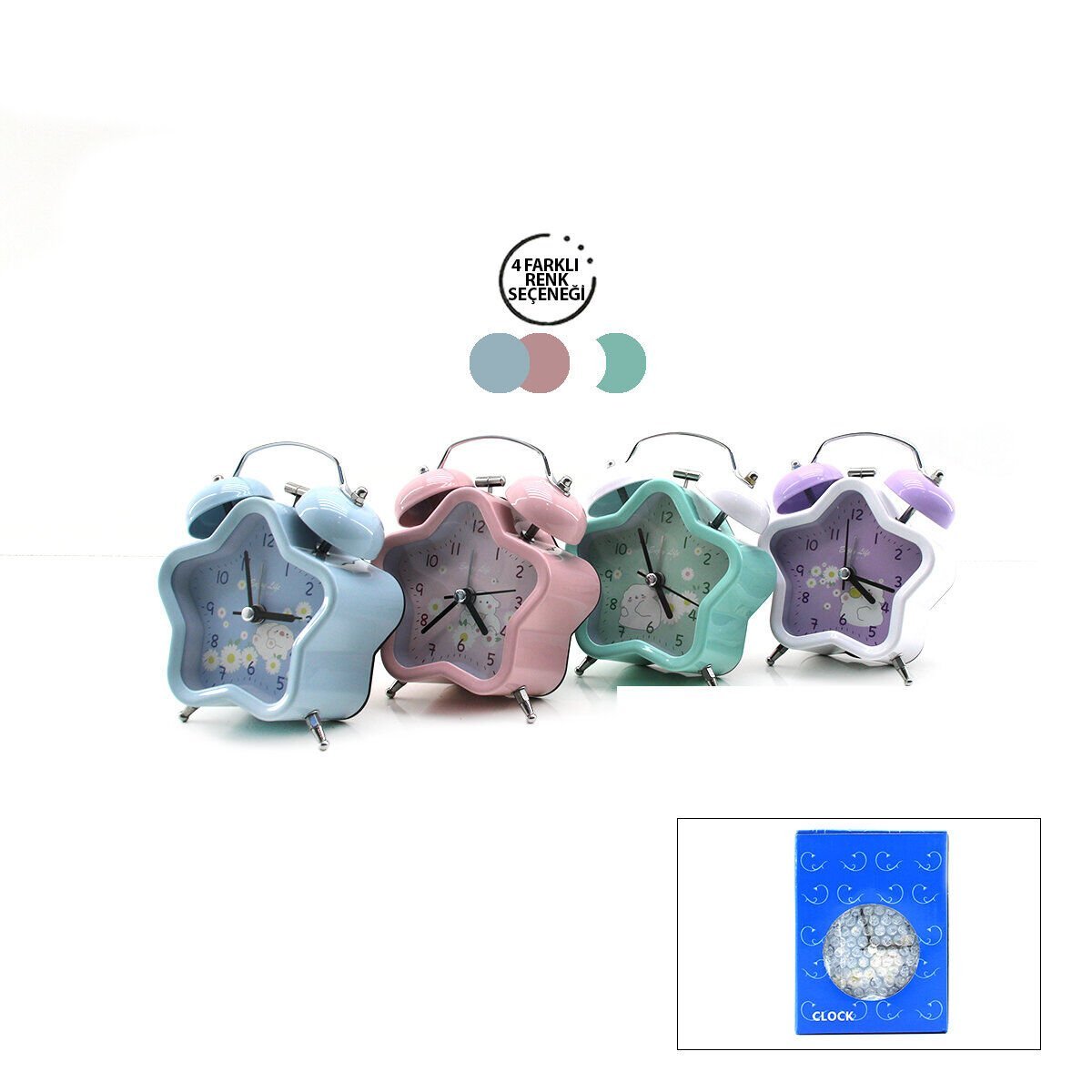 TWIN BELL ALARM CLOCK BGC-18 YILDIZ MASA ÇALAR SAAT ( METAL KASA RENKLİ ) ( PİLLİ & IŞIKLI ) ( ÇAP: 8.8CM )*100