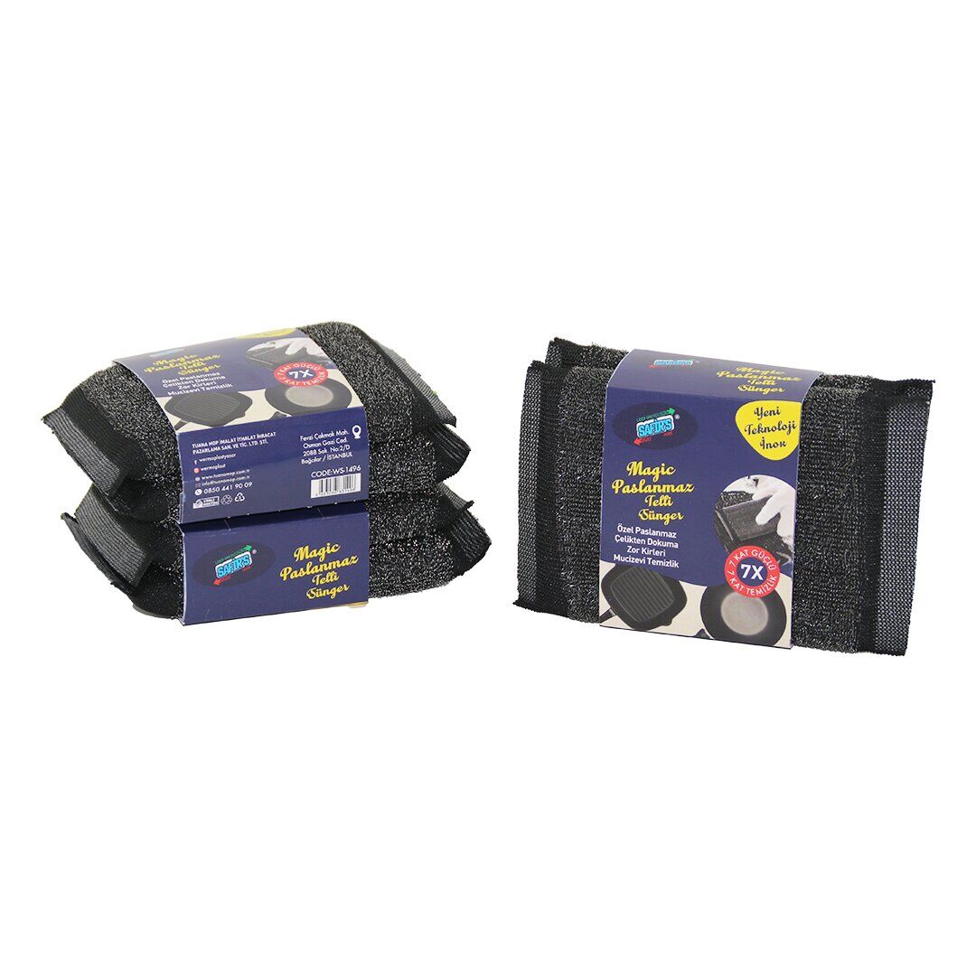 SAFİRS WS-1496 ( 2PCS ) ( SİYAH & İNOX ) BULAŞIK & TEMİZLİK SÜNGERİ ( MAGİC PASLANMAZ TELLİ ) ( 7 X KAT DAHA GÜÇLÜ )*32X17