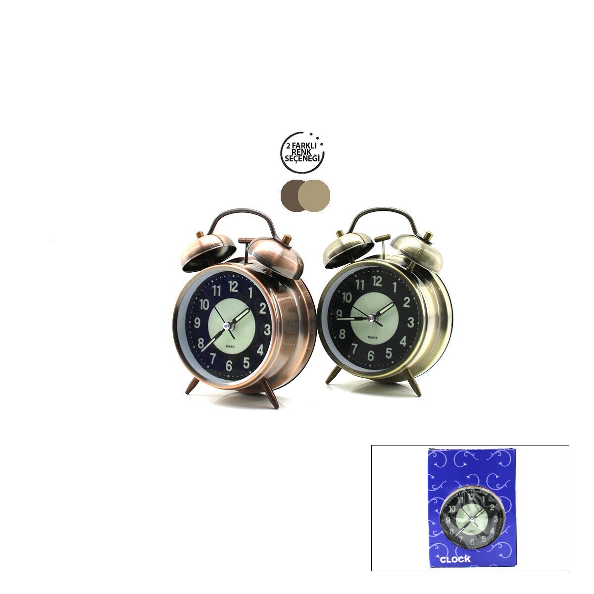 TWIN BELL ALARM CLOCK BGC-51 YUVARLAK MASA ÇALAR SAAT ( METAL KASA ESKİTME ) ( PİLLİ & IŞIKLI & FOSFORLU ) ( ÇAP: 10CM )*60