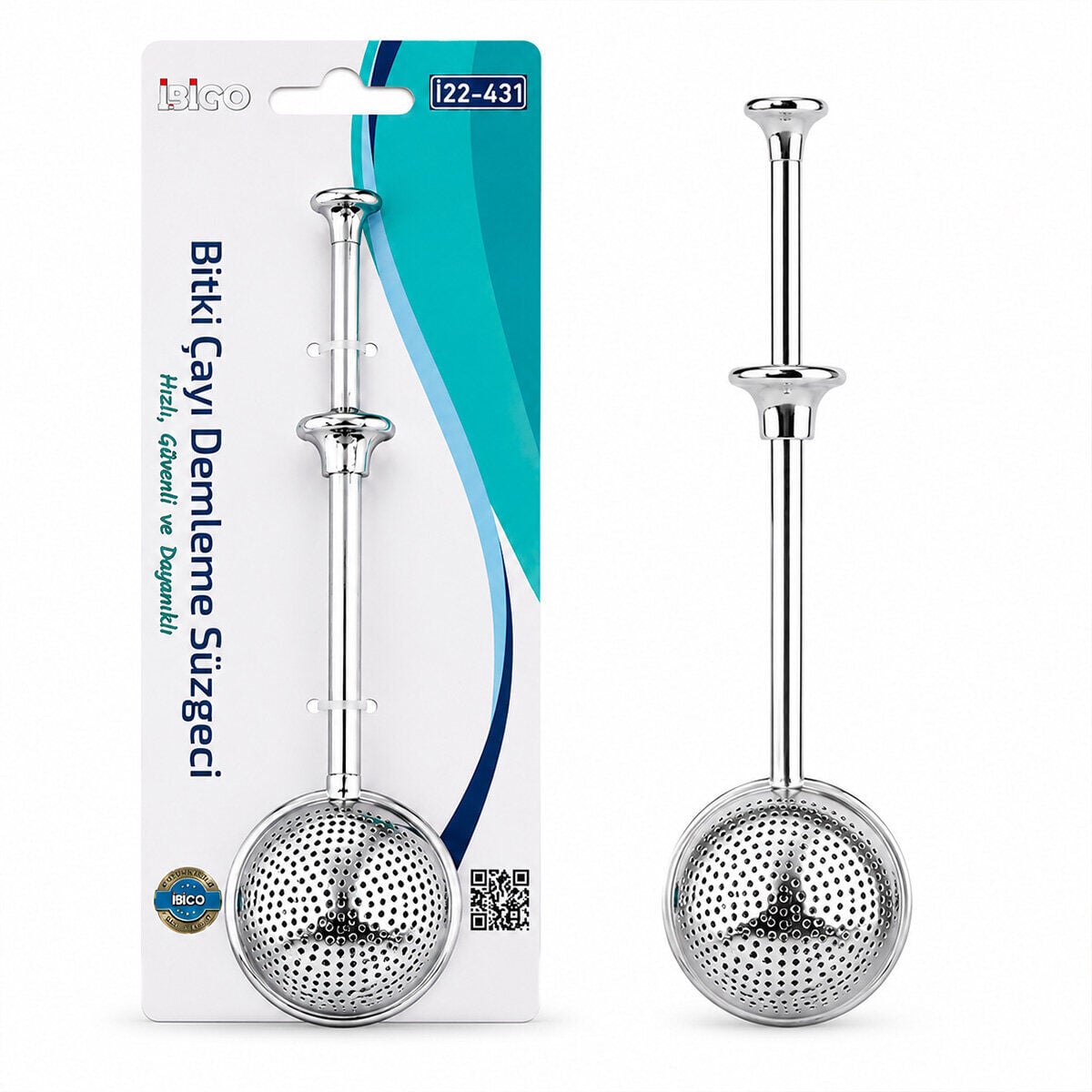 İBİCO İ22-431 ( SAPLI & TOP HAZNELİ ) BİTKİ ÇAY DEMLEME SÜZGEÇ ( PASLANMAZ ÇELİK ) ( ÇAP : 5CM )*12X24
