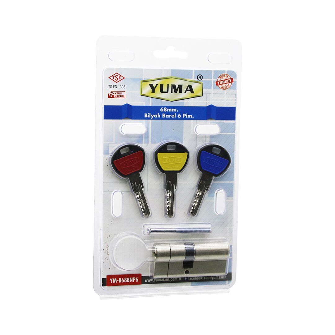YUMA YM-B68-BNP6 ( BİLYALI ) ( 68MM & 6 PİM.) ( NİKEL SATEN ) BAREL ( VAKUMLU AMBALAJ ) ( 3 ANAHTAR )*30