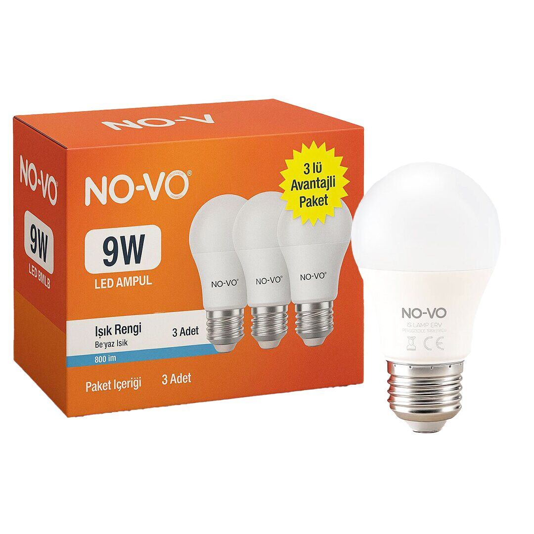 NO-VO ( 3LÜ AVANTAJ PAKET ) ( 9W ) ( BEYAZ ) LED AMPUL ( E27 ) ( 806LM ) ( 6500K ) (15.000 SAAT ÖMÜR)*80