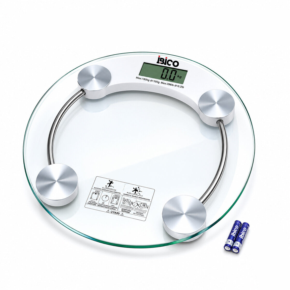 İBİCO İ11-026 ( DİJİTAL & PİLLİ ) ( YUVARLAK ) CAM BANYO BASKÜL TERAZİ TARTI ( LCD EKRAN ) ( 180KG/0.1G ) ( 30X30CM )*10