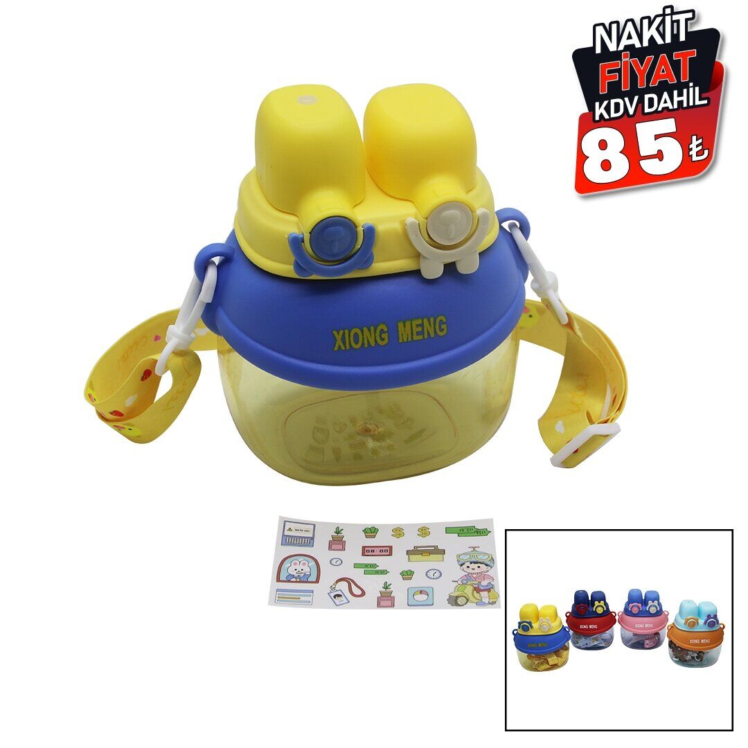 XIONG MENG-2029 ( YÜZ MODELİ  & 2 KİLİTLİ KAPAK  ) RENKLİ MİKA KRİSTAL SULUK MATARA PİPETLİ & NAYLON ÇANTALI & ASKILI 1280ML*50                     qwe012