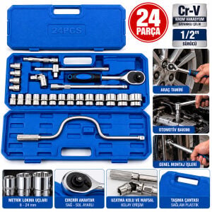 KRT-1171 ( 24PCS ) ( 1/2'' ) DR.SOCKET SET (LOKMA & SOKET & ADAPTÖR & CIRCIR KOLU) (CHROME VANADIUM) (METAL ÇANTALI)*10