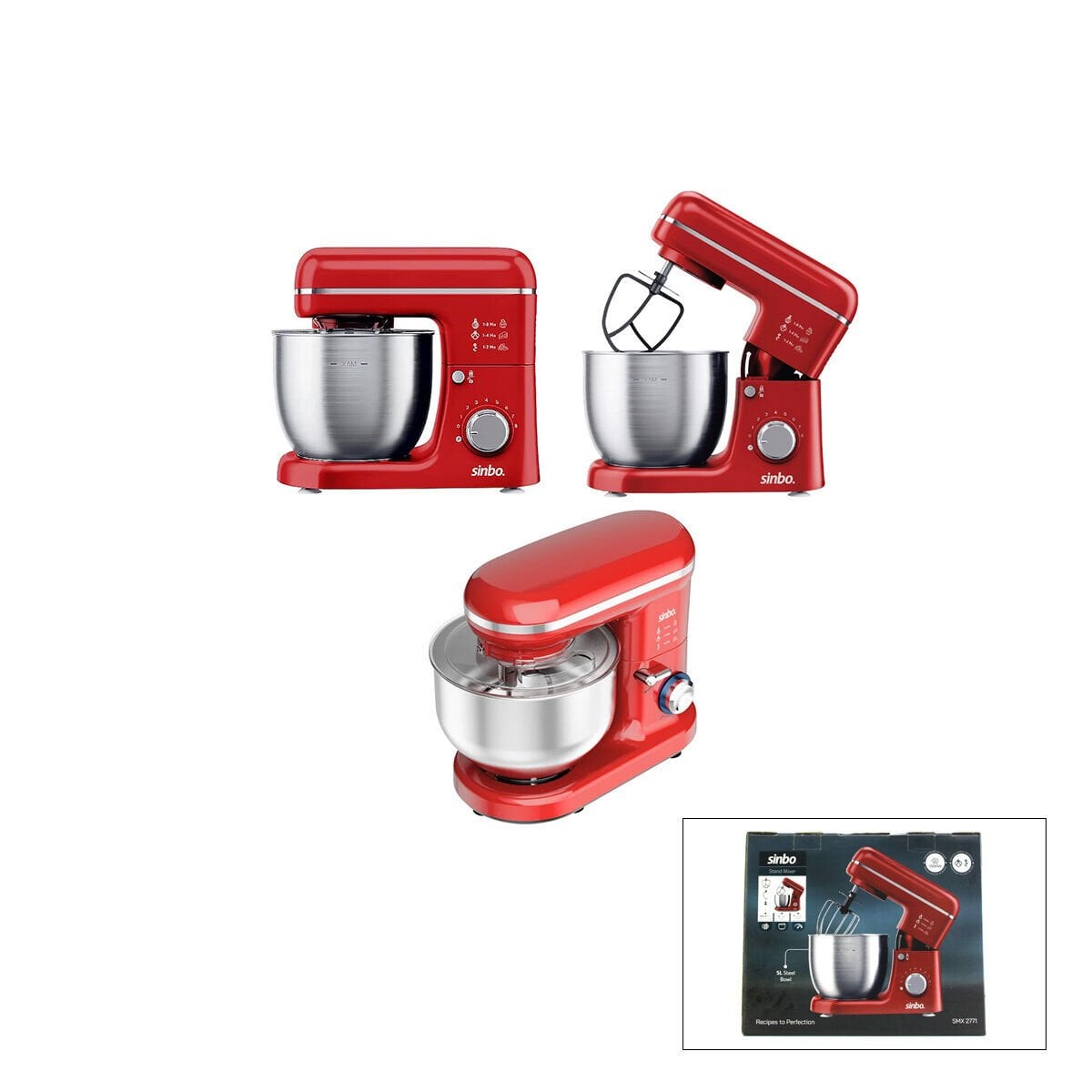 SİNBO SMX-2771 ( KIRMIZI ) STANDLI MİKSER & BLENDER SETİ ( HAMUR YOĞURUCU & ÇIRPICI & KARIŞTIRICI ) ( 8 KADEM. HIZ AYAR )( 5LT HAZNE )( 1300W )*1