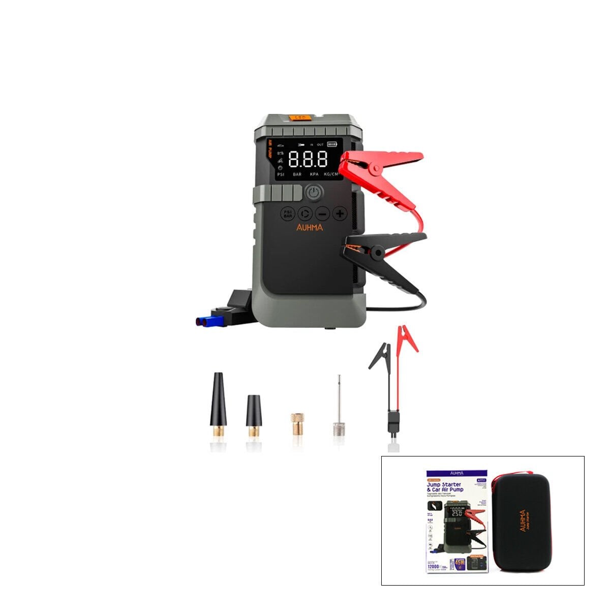 AUHMA-A7711 ( 4IN1 ) AKÜ TAKVİYELİ KOMPRESÖRLÜ HAVA POMPASI ( DİJİTAL EKRAN ) (12.000mAh & 150PSI & 1200A) ( AKÜ TAKVİYE & LASTİK ŞİŞİRME & POWERBANK & FENER )*10