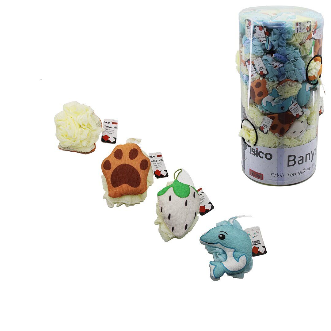 İBİCO İ21-091 ( BÜYÜK YUNUS & ÇİLEK & PATİ SÜNGERLİ ) ( RENKLİ TÜL ÖRGÜ ) BANYO LİFİ ( PVC STANDLI ) ( 30GR )*100X2