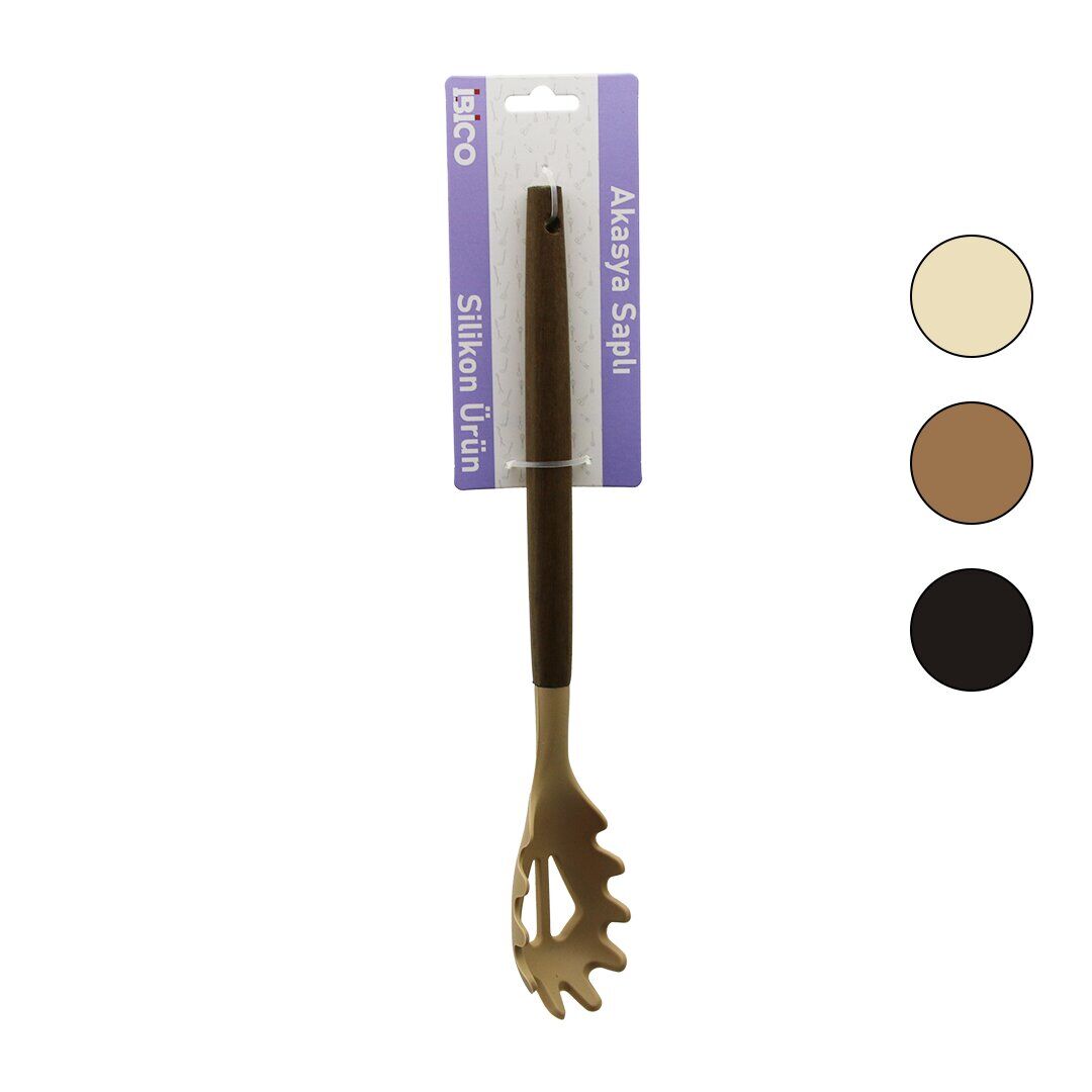 İBİCO İ22-019 ( RENKLİ SİLİKON ) ( AHŞAP AKASYA SAPLI ) ( MAKARNA & SALATA ) ( SERVİS ) KAŞIK ( 30CM )*6X24