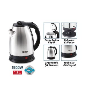 İBİCO MTF-001 ( ÇELİK ) KETTLE ELEKTRİKLİ SU ISITICISI ( PASLANMAZ ÇELİK GİZLİ REZİSTANS ) ( 360° ) ( 1.8LT ) ( 1500W )*6