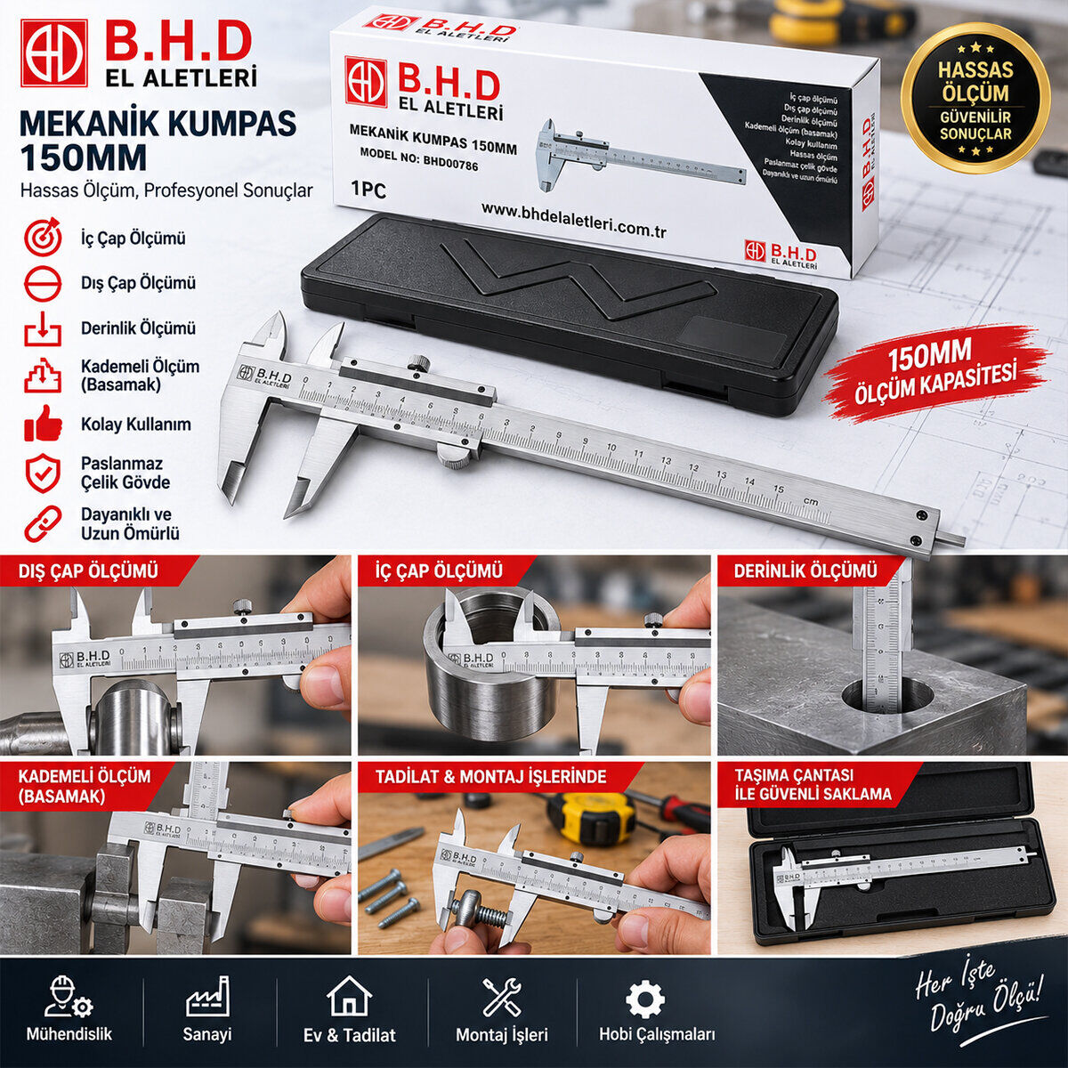 BHD0786( 0-150MM ) LRD-71 ( METAL ) MEKANİK KUMPAS ÖLÇÜ ALETİ ( PLASTİK KUTULU )*50