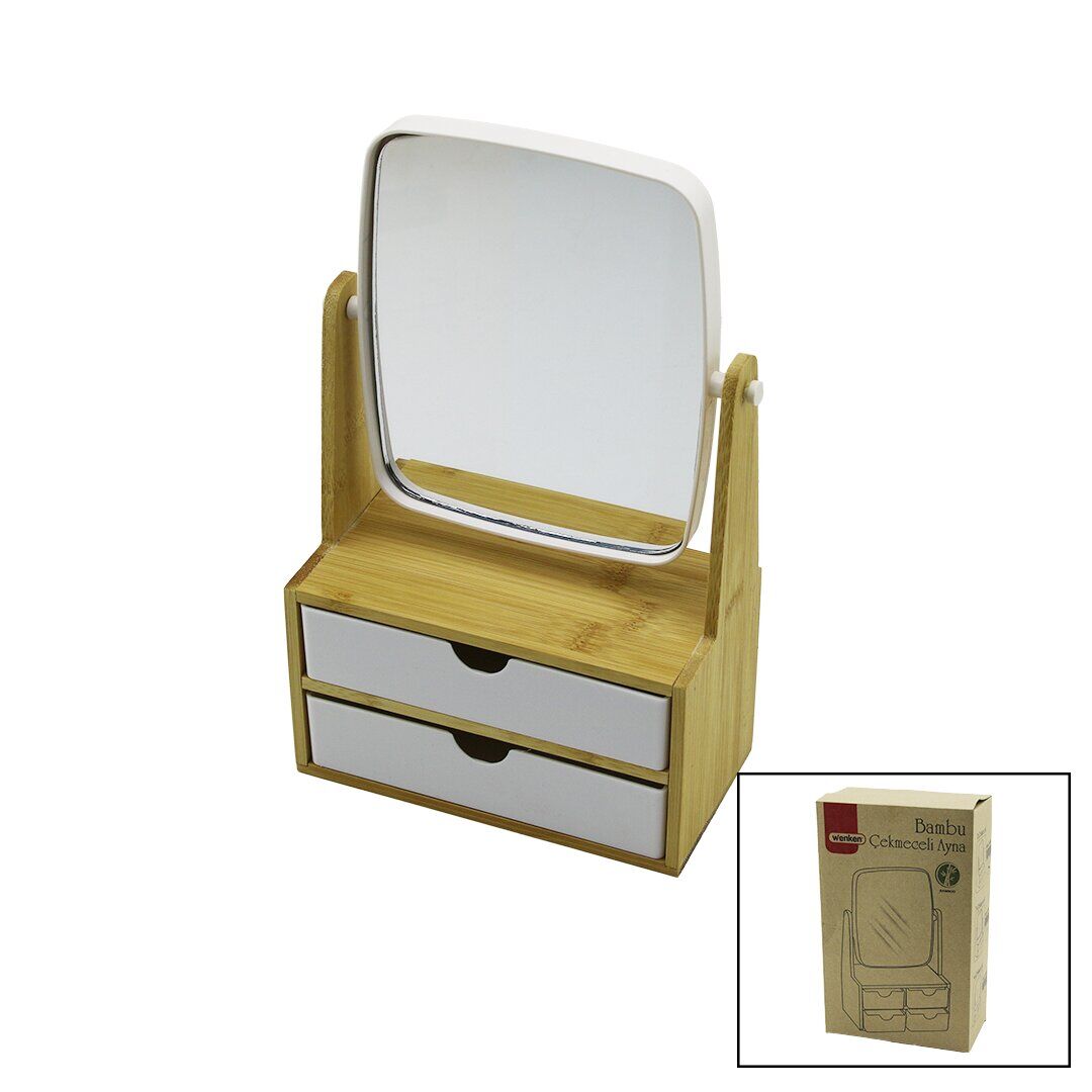 WENKEN UR-3469 (2 ÇEKMECELİ) (BAMBU AHŞAP STANDLI=9X9.9X17.8X21.5CM) (MAKYAJ AYNASI=15X18CM) (TAKILIK 1+1) ORGANİZER*12
