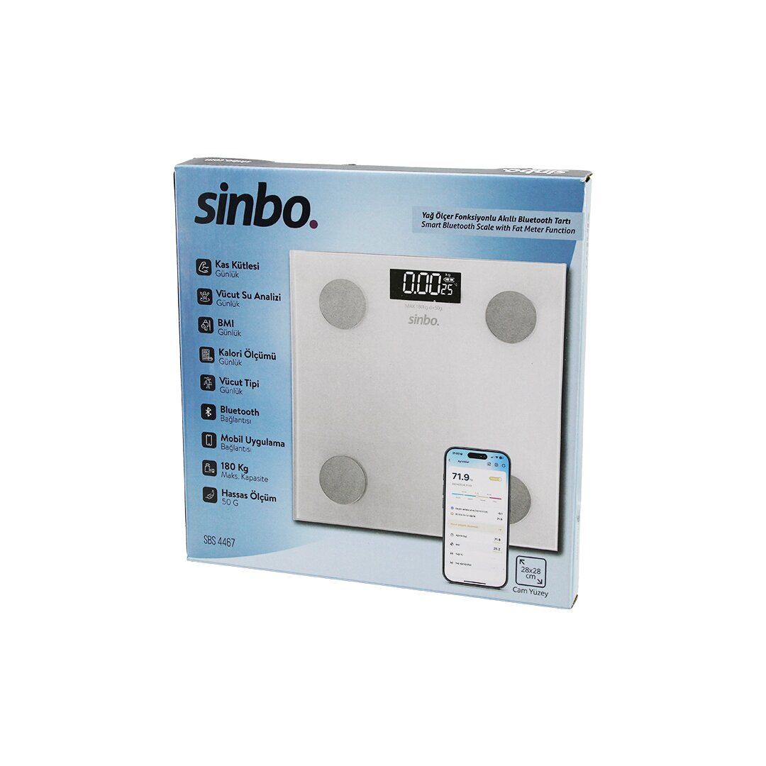 SİNBO SBS-4467 (YAĞ ÖLÇER) AKILLI (BLUETOOTH) CAM BASKÜL (PİLLİ) (180KG/50GR) (28X28CM) (8-KİŞİ HAFIZA) (LCD EKRAN) (℃ GÖSTERGE)*10
