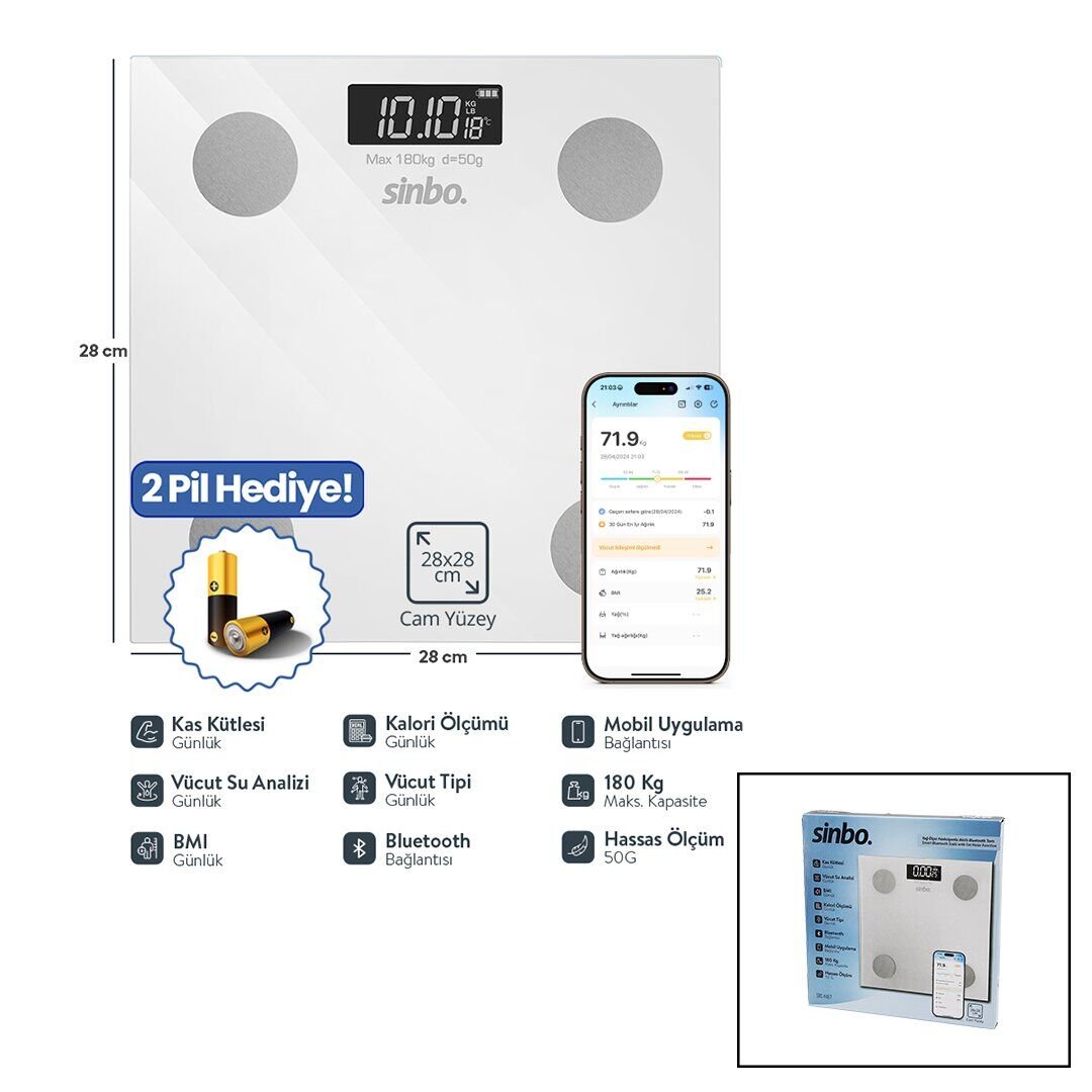 SİNBO SBS-4467 (YAĞ ÖLÇER) AKILLI (BLUETOOTH) CAM BASKÜL (PİLLİ) (180KG/50GR) (28X28CM) (8-KİŞİ HAFIZA) (LCD EKRAN) (℃ GÖSTERGE)*10