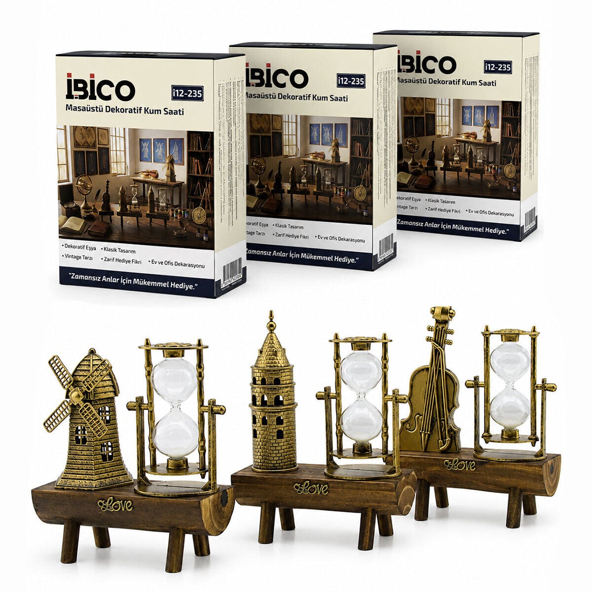 İBİCO İ12-235 ( BÜYÜK ) MASAÜSTÜ DEKORATİF KUM SAATİ PLASTİK ( AHŞAP STAND ) SÜS EŞYASI*48