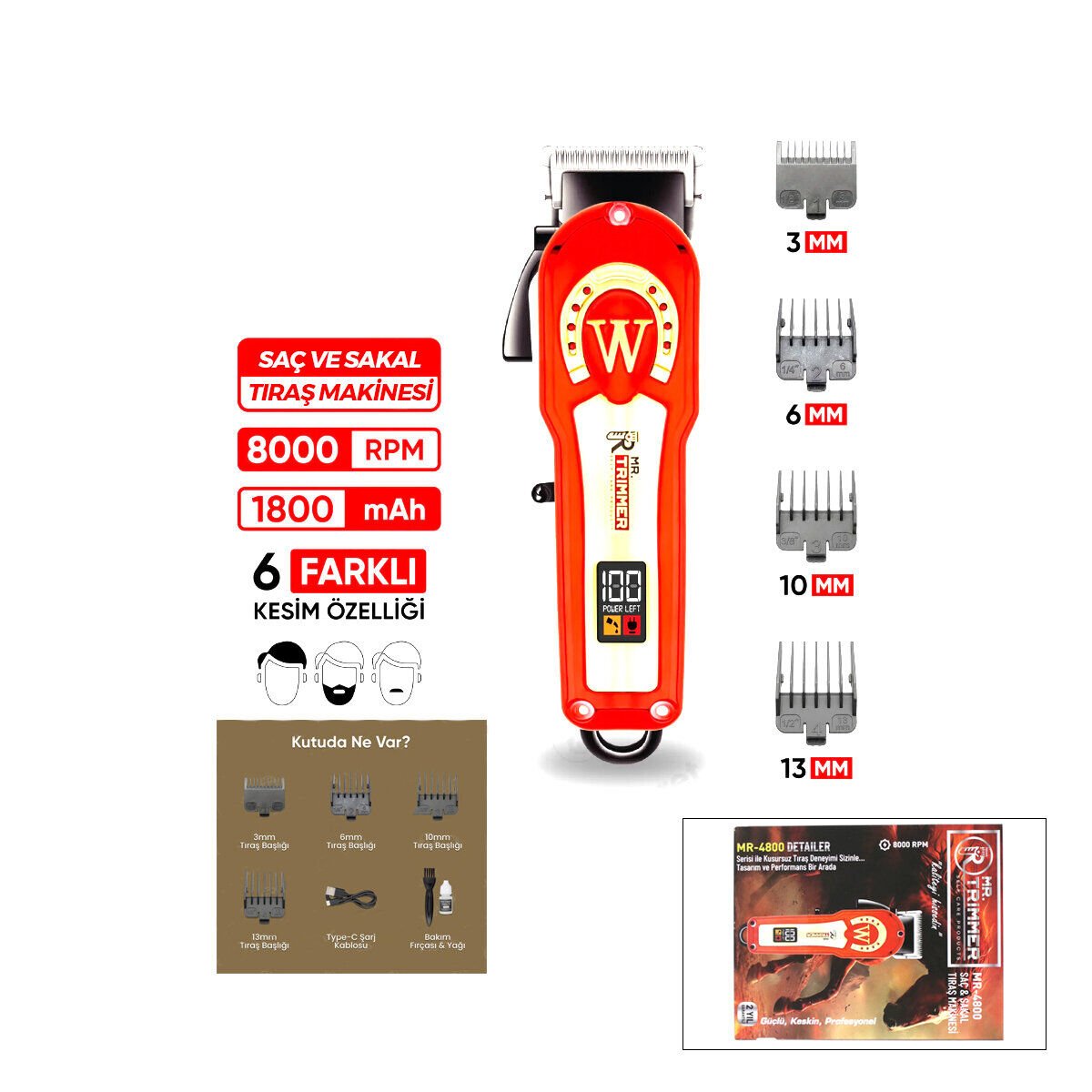 MR.TRIMMER MR-4800 SAÇ & SAKAL KESME TRAŞ MAKİNESİ ( AYARLANABİLİR BIÇAK & 0,1MM-0,5MM ) ( 8000RPM ) ( 6 FARKLI KESİM )*40