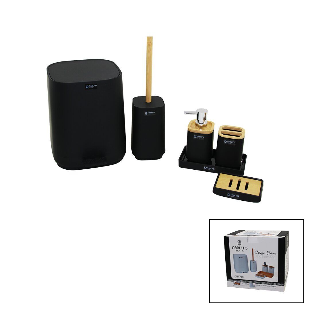 PABLITO HOME PBT-783 ( 6PCS ) KARE BANYO SETİ & TAKIMI (BAMBU DETAYLI) (ÇÖP KOVA-FIRÇALIK-SIVI&KATI SABUNLUK-DİŞ FIRÇALIK-STAND )*4=K