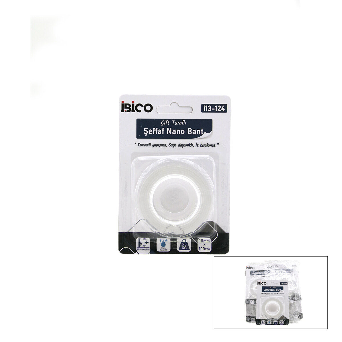 İBİCO İ13-124 ( 1.8CMX1MT ) ( NANO BANT ) ŞEFFAF ÇİFT TARAFLI ( MAX : 5.5KG ) ( BANDI )*12X24