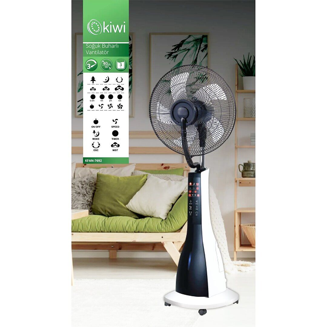 KİWİ KFAN-7692 (16'') (40CM) ( SOĞUK BUHARLI ) VANTİLATÖR FAN (90W) (KUMANDALI) (3-KADEM HIZ) (SU DEPO=3LT) (Y: 120CM) (ZAMANLAYICI)*1