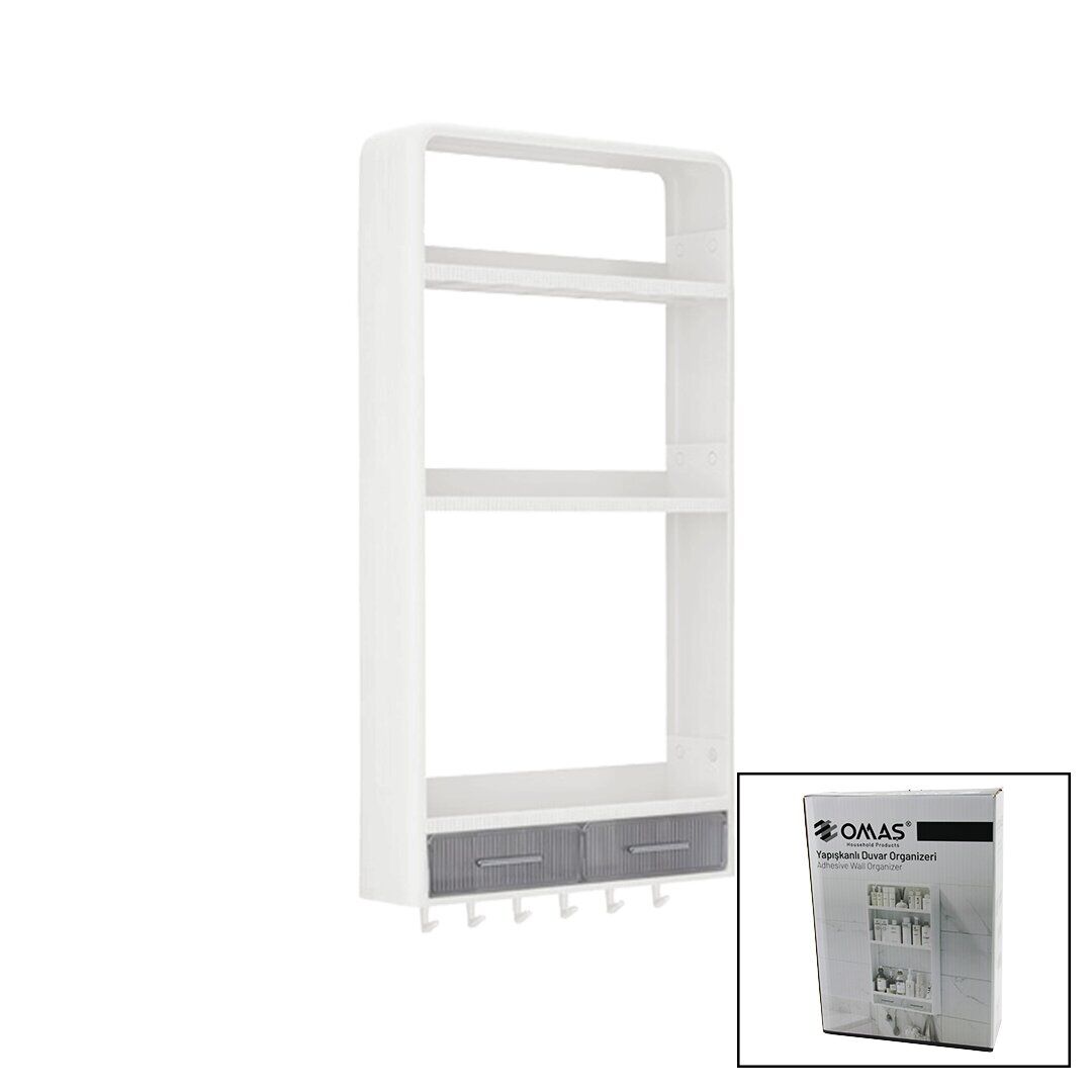 OMAŞ-TERA OM-0817 ( BEYAZ ) YAPIŞKANLI DUVAR ORGANİZERİ PLASTİK ( 3 RAF=14CM-19CM-30CM & 2 ÇEKMECE=40CM & 6 ASKI ) ( 19 PCARÇA )*6